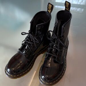 Dr. Martens Black Patent Leather 1460 Lace-Up Boots with Yellow Stitching